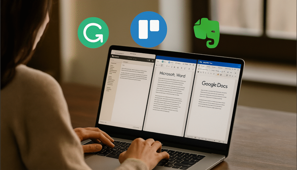 Escritora usando laptop con herramientas digitales para mejorar la escritura: Scrivener, Word, Google Docs, Trello, Grammarly y Evernote.