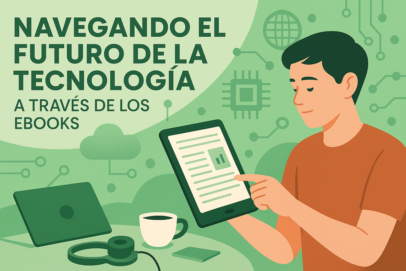 Ilustración de un joven leyendo un ebook en una tablet, rodeado de íconos tecnológicos como circuitos, nubes y microchips sobre un fondo verde.
