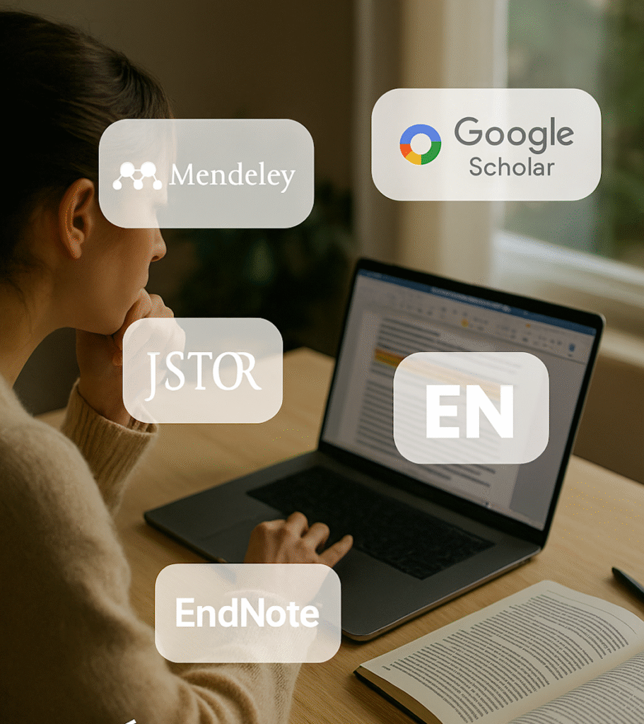 Investigadora usando herramientas digitales como Mendeley, Google Scholar, JSTOR y EndNote en su laptop.