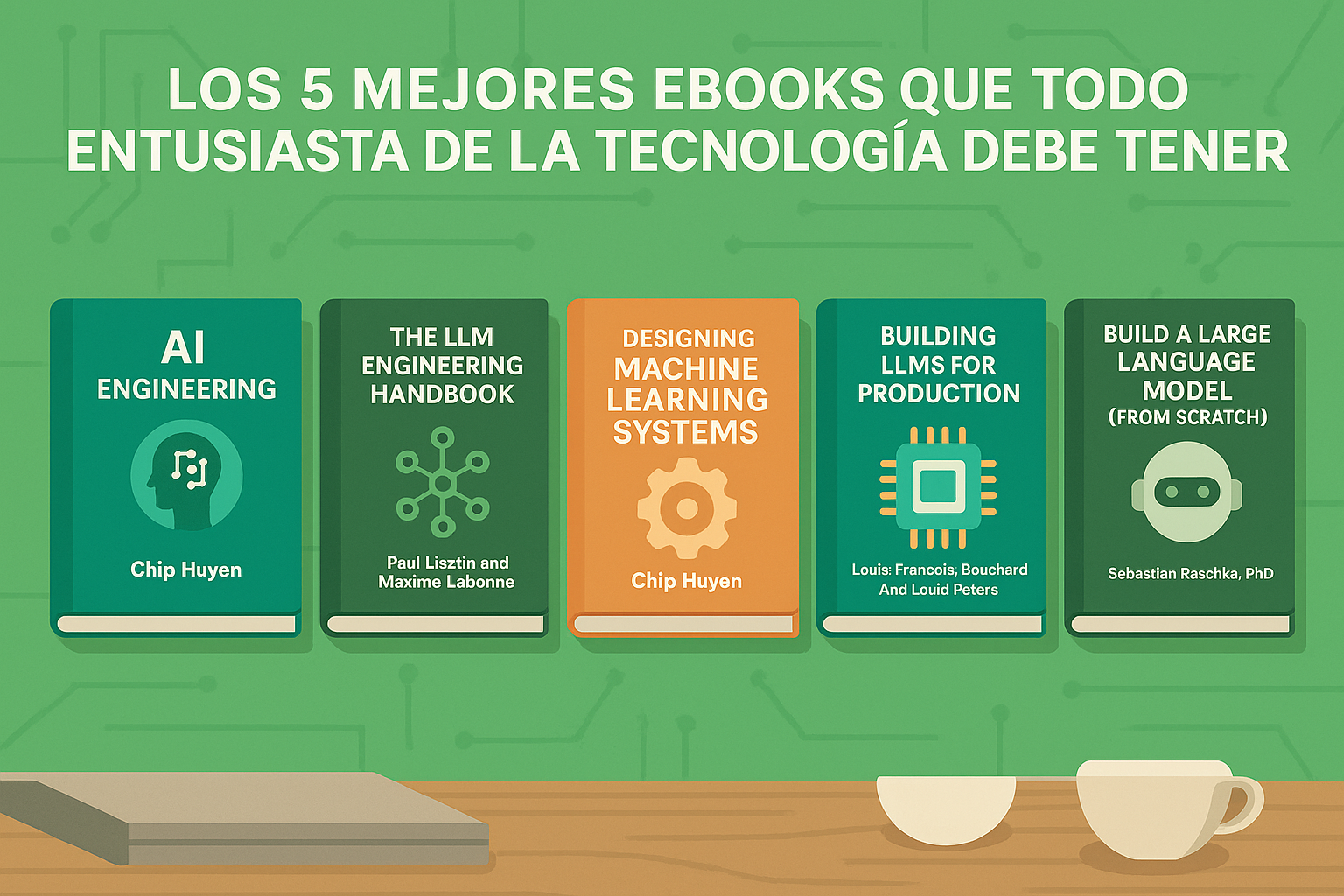 Ilustración digital de cinco portadas de ebooks sobre inteligencia artificial y aprendizaje automático sobre un fondo verde con patrones de circuitos.