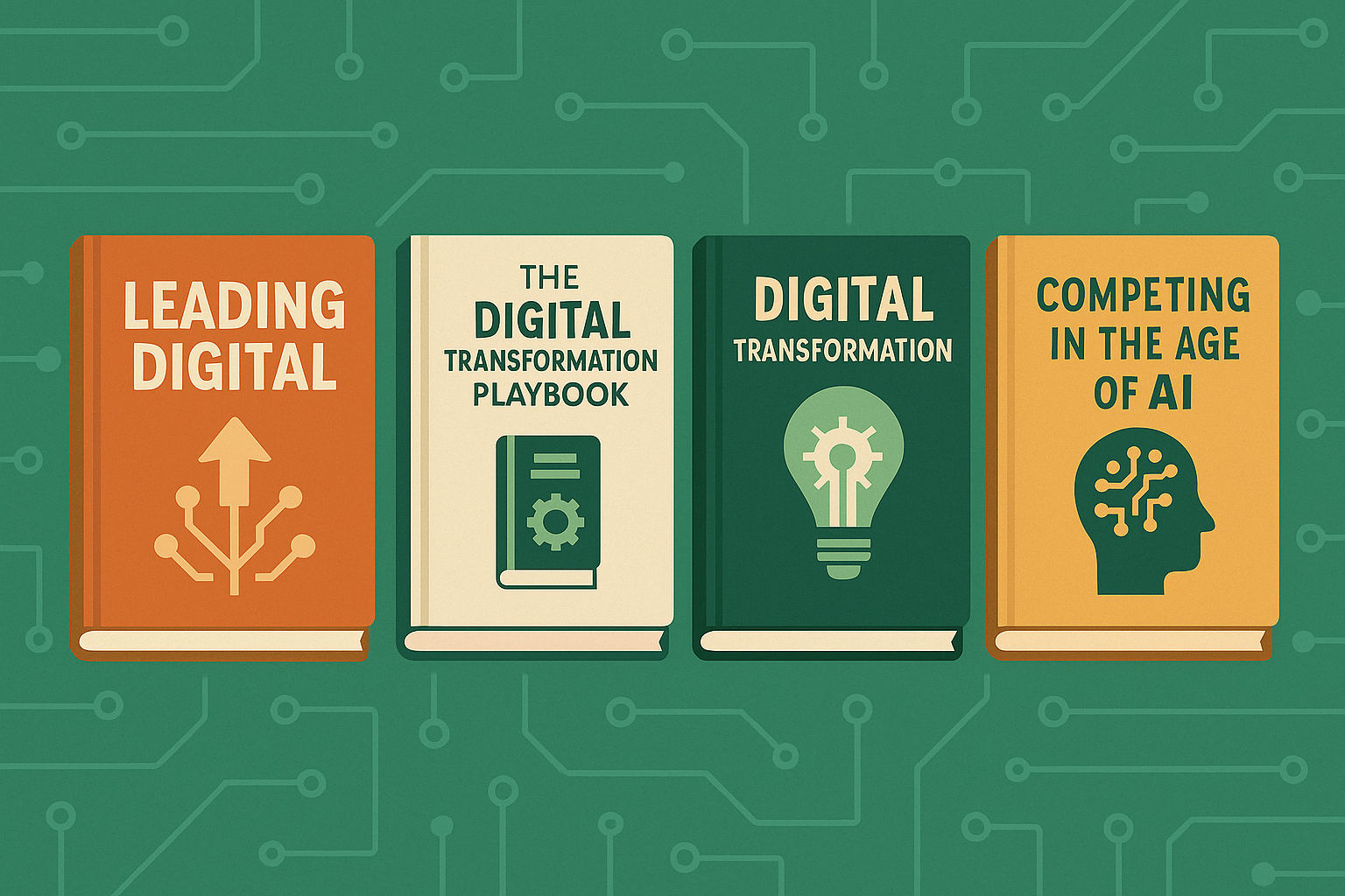 Ilustración de cuatro portadas de libros sobre transformación digital, innovación y estrategias empresariales tecnológicas, sobre fondo verde con diseño de circuitos.