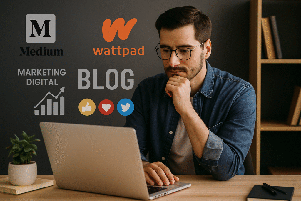 Escritor joven en laptop usando plataformas como Medium, Wattpad y Substack con iconos de redes sociales y marketing digital.