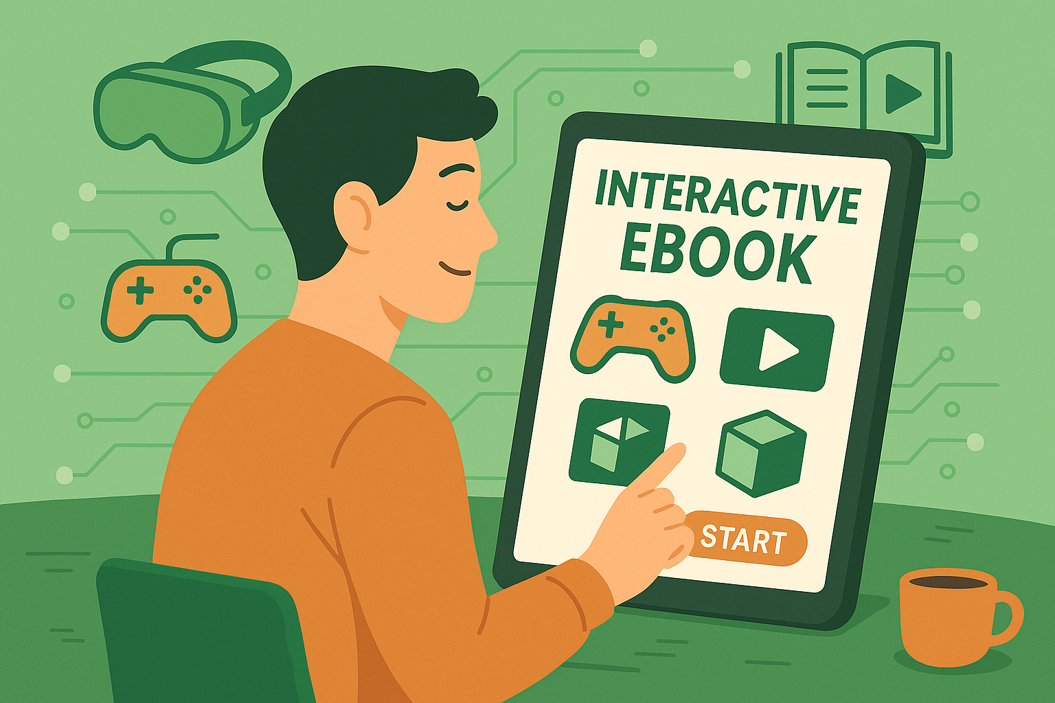 Ilustración de un joven interactuando con un ebook digital en una tablet, rodeado de íconos de videojuegos, realidad virtual y multimedia.