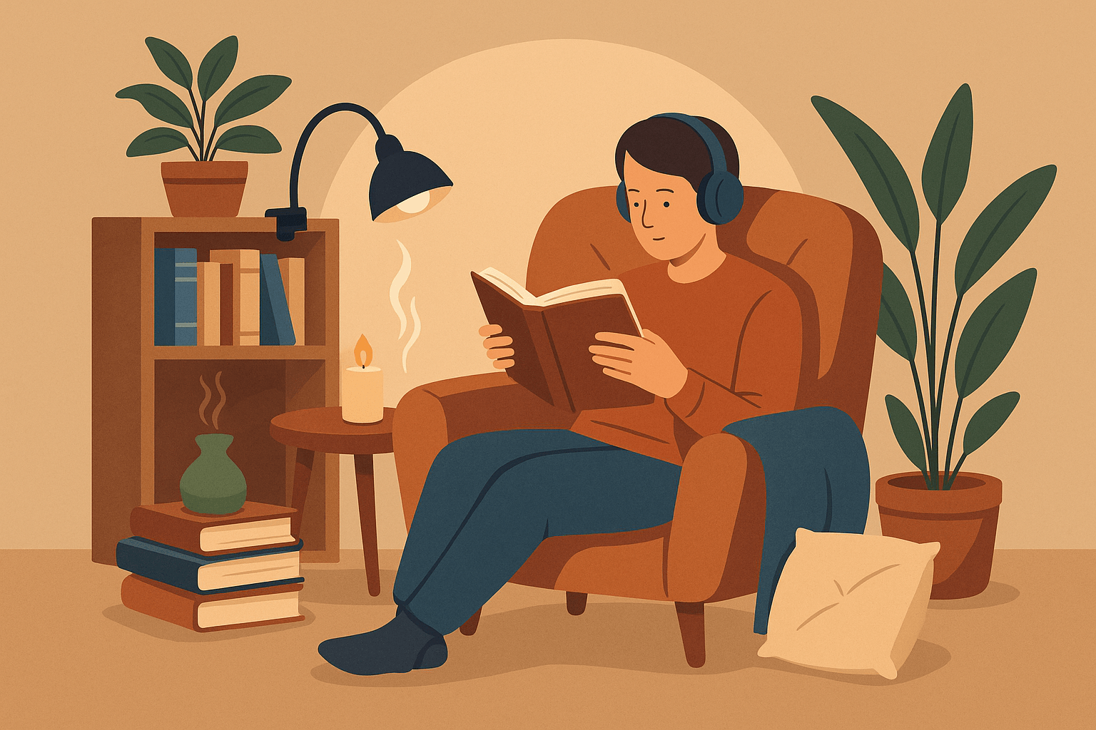 Ilustración de una persona leyendo en un sillón cómodo con auriculares, rodeada de libros, plantas, una lámpara cálida, una vela encendida y un difusor de aromas.