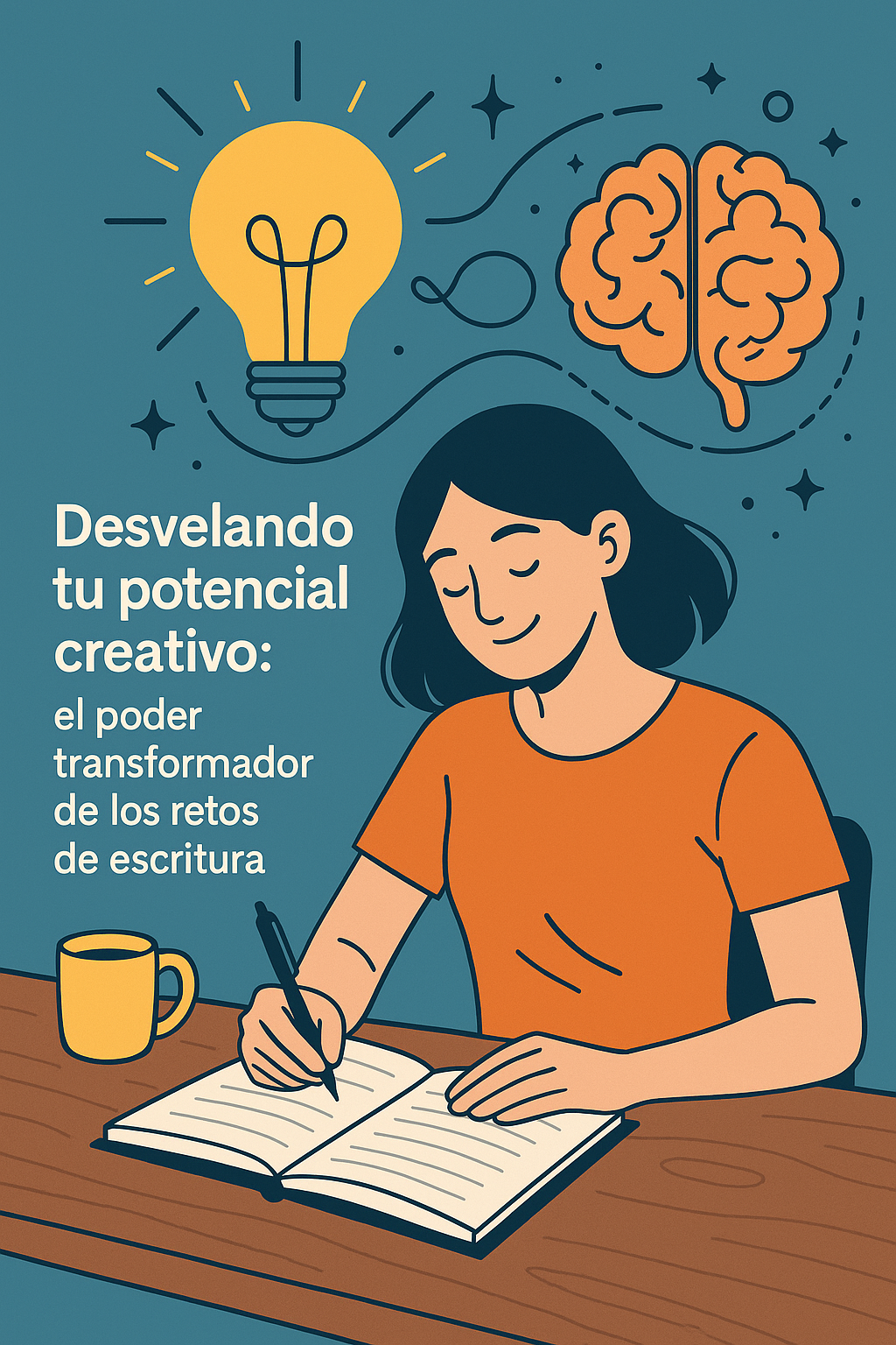 Ilustración conceptual sobre creatividad literaria con una figura escribiendo mientras emergen ideas en forma de símbolos coloridos.