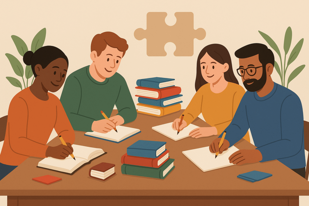 Ilustración de cuatro personas diversas trabajando juntas en la escritura de libros alrededor de una mesa con libros apilados, simbolizando colaboración creativa.