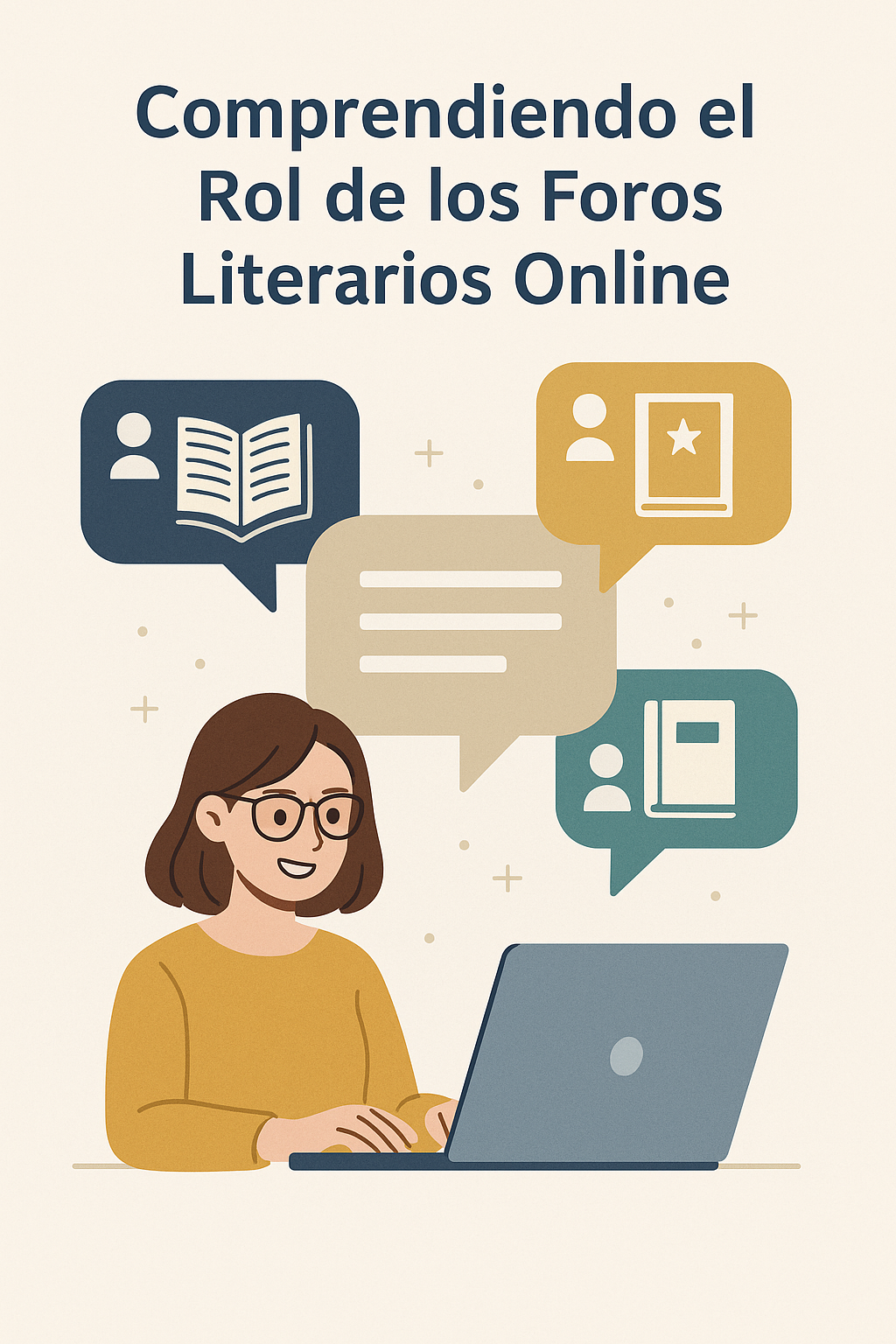 Ilustración conceptual de un foro literario en línea con usuarios interactuando digitalmente alrededor de libros flotantes.