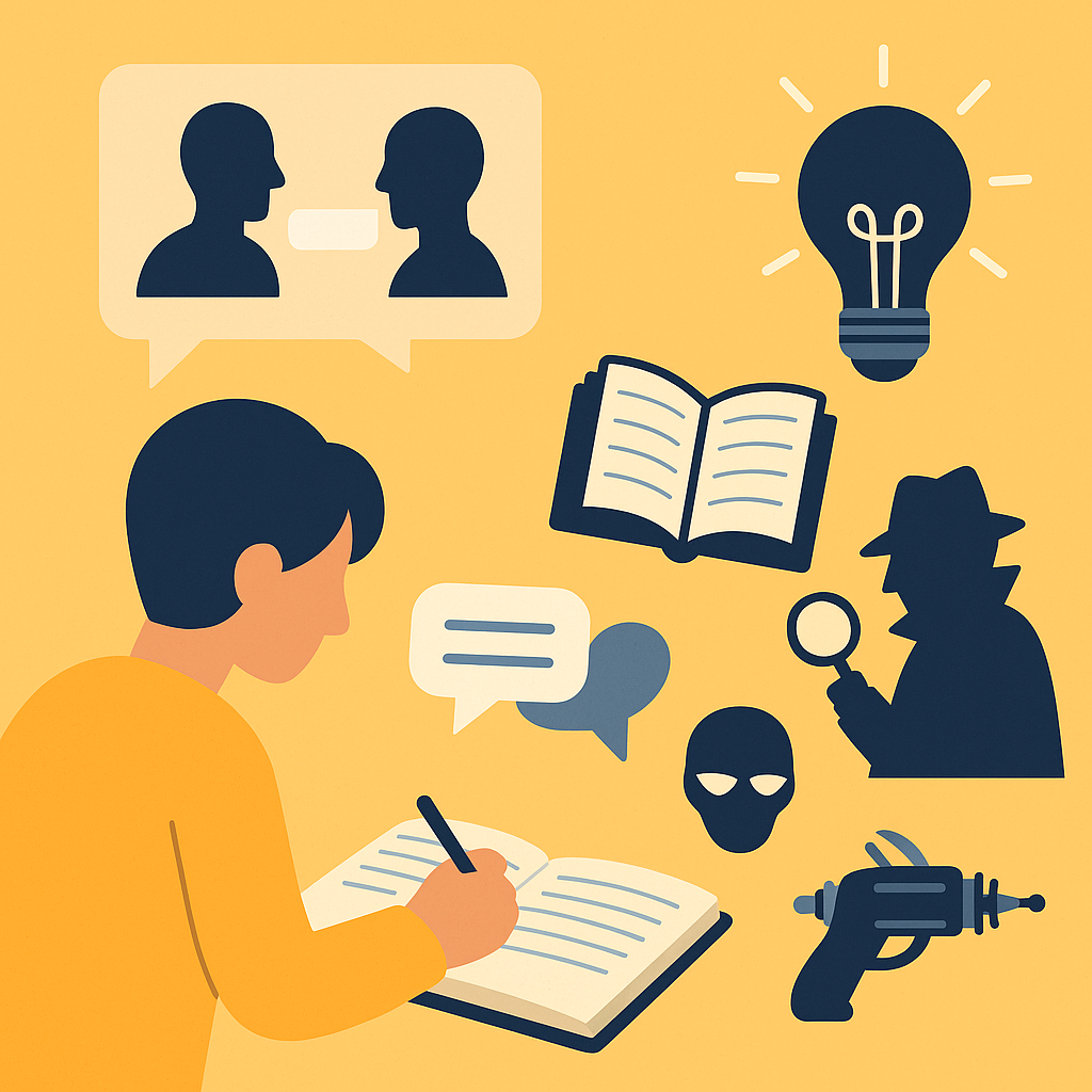 Ilustración digital en estilo plano que representa el concepto de ejercicios creativos de escritura, con elementos como hojas, plumas, libros y personajes escribiendo.