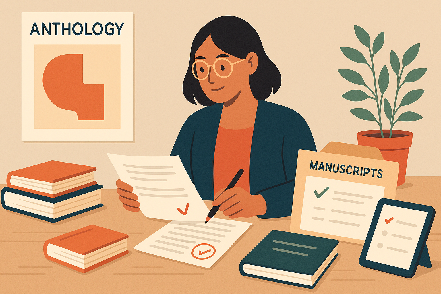 Ilustración de una editora revisando manuscritos en un escritorio con libros, documentos y herramientas digitales, simbolizando el proceso curatorial de una antología.
