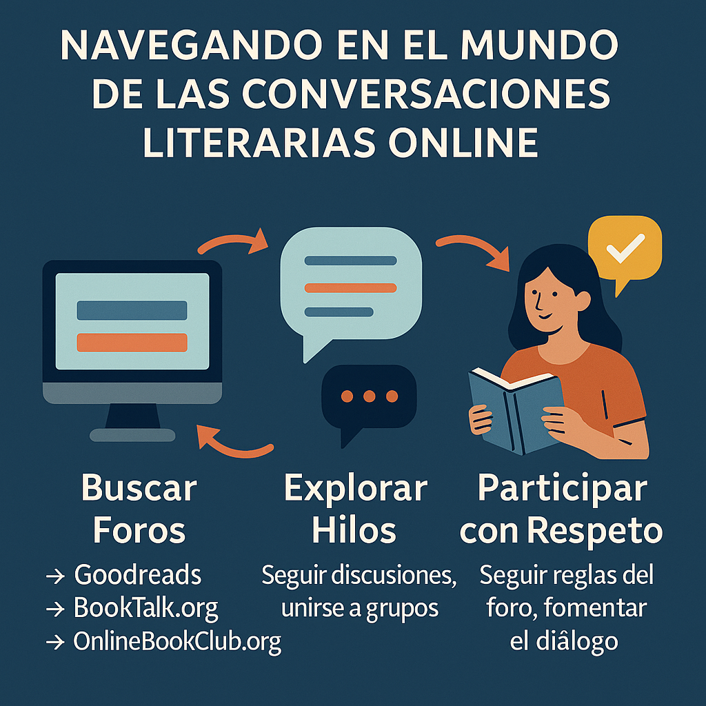 Ilustración digital de estilo plano que representa a lectores participando en foros literarios online desde sus dispositivos, con libros abiertos, globos de diálogo y elementos digitales interactivos.