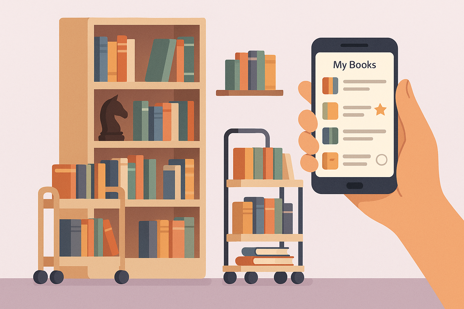 Ilustración de una biblioteca organizada con estantería, carritos móviles llenos de libros y una mano sosteniendo un teléfono con una app de catalogación.