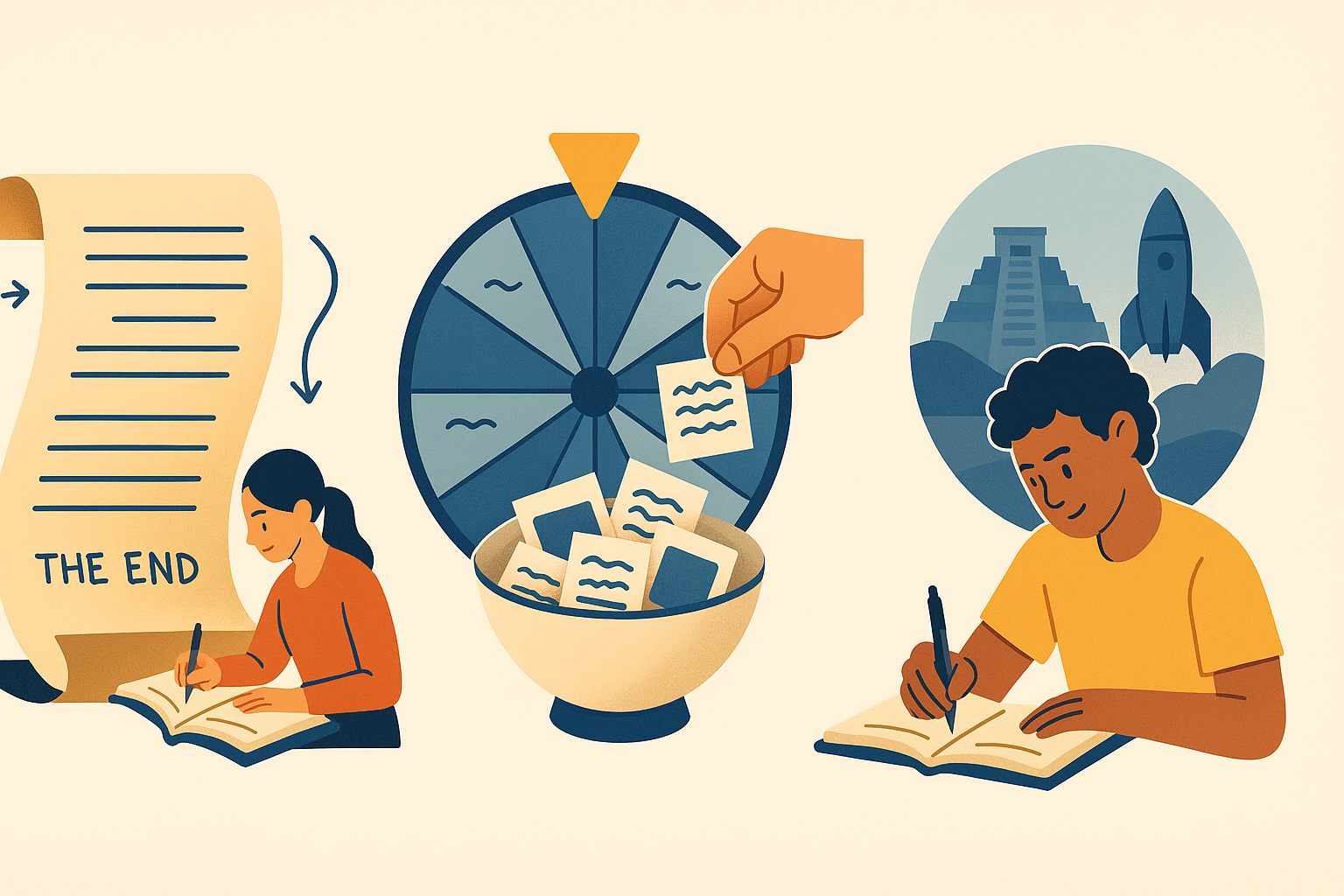 Ilustración conceptual en estilo flat que representa tres desafíos literarios: narrativa inversa, aleatoriedad creativa y viajes en el tiempo.