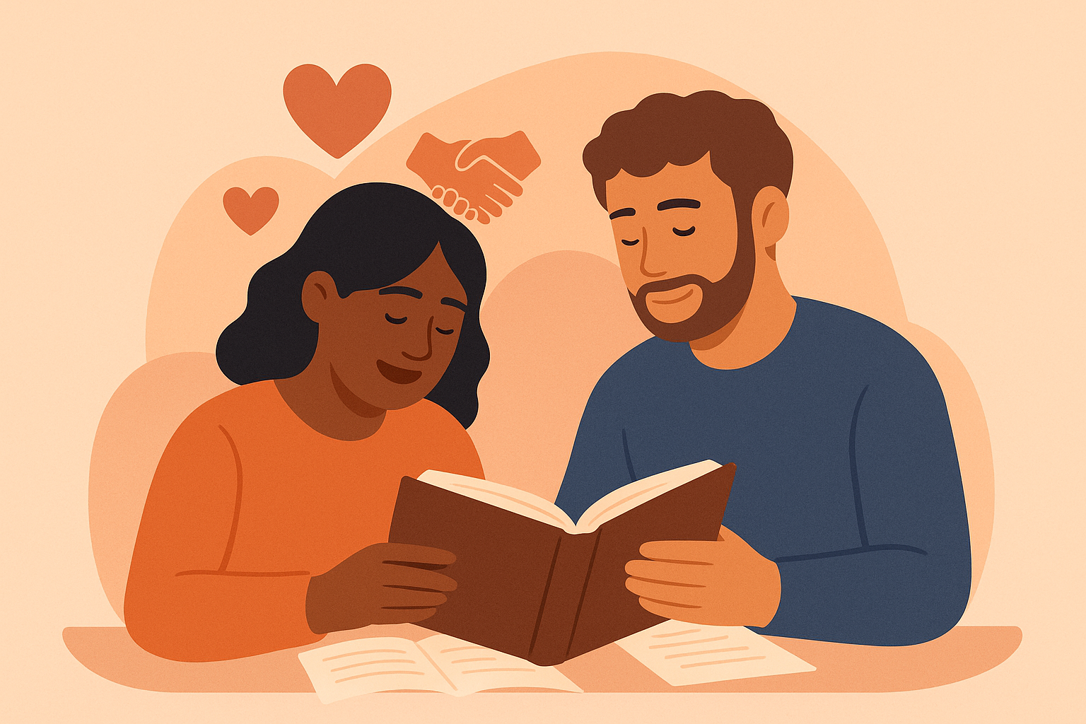 Ilustración de dos personas leyendo juntas un libro, compartiendo una experiencia íntima de conexión emocional y confianza.