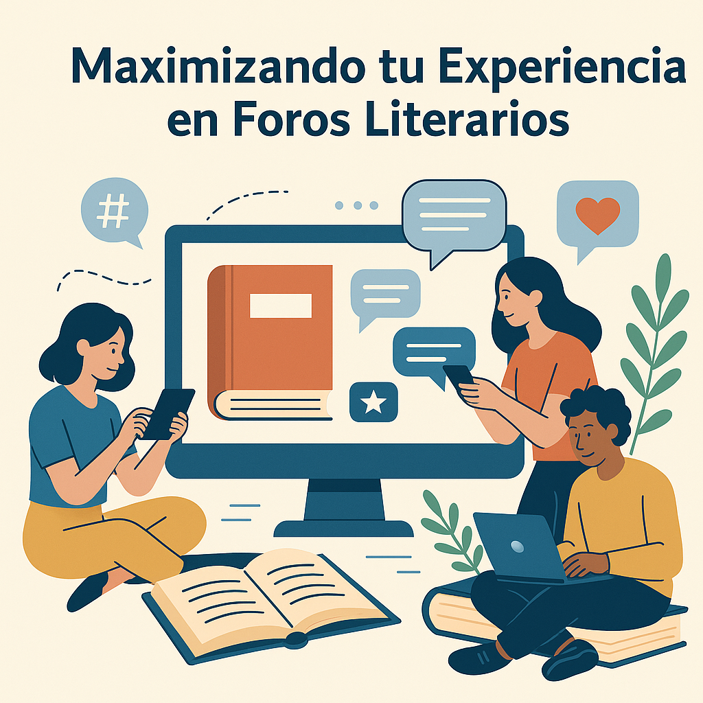 Ilustración digital plana que representa una comunidad lectora online, con personas interactuando alrededor de libros, estanterías virtuales y mensajes.