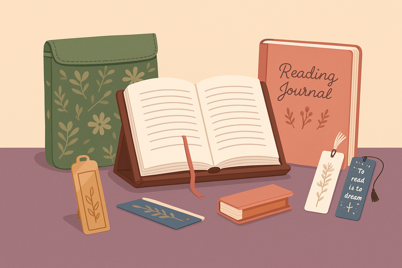 Ilustración de accesorios personalizados para lectura, incluyendo atril, diario de lectura, fundas decoradas y marcadores artesanales.