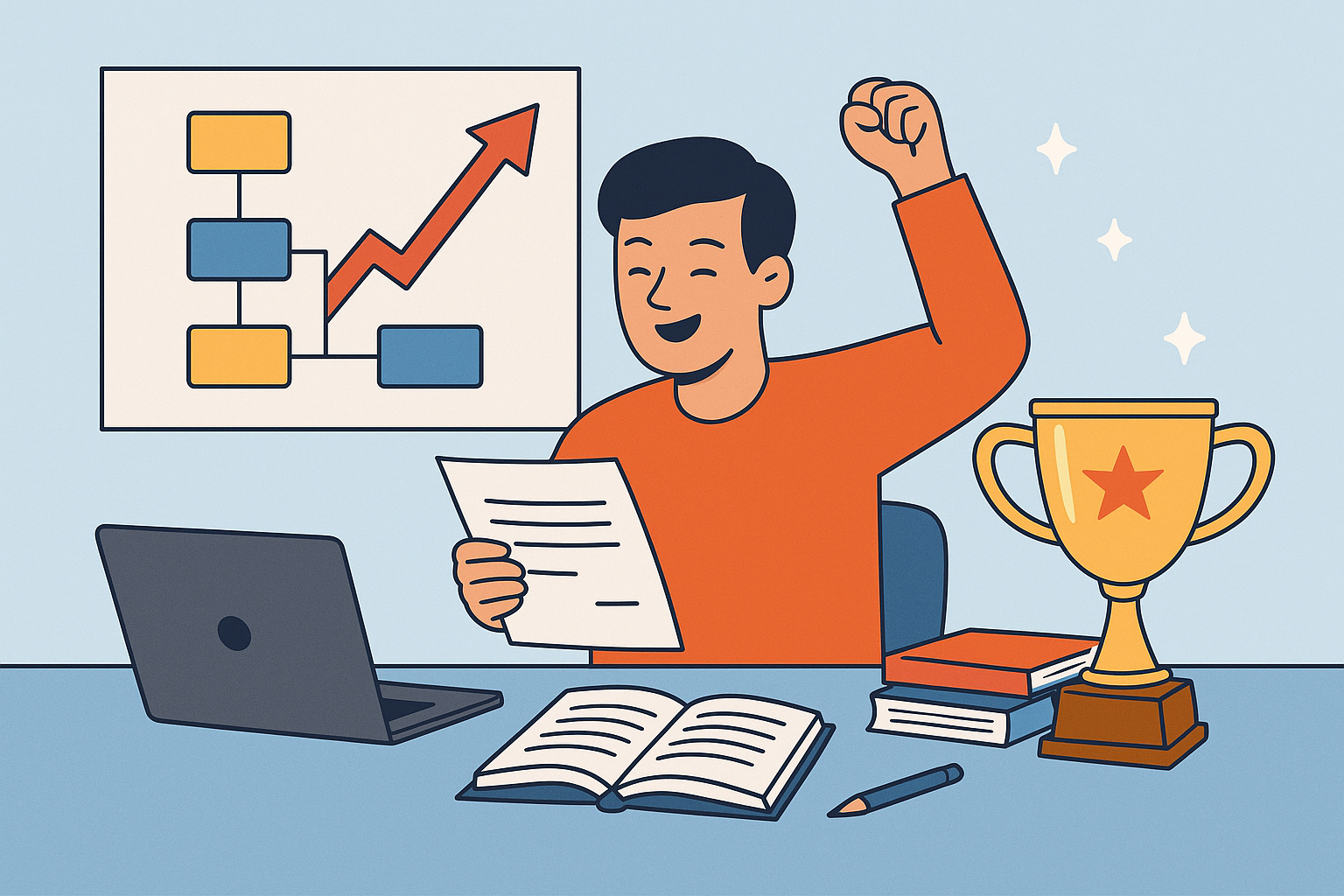 Ilustración de un joven celebrando frente a su escritorio con documentos, libros, un trofeo y un diagrama de progreso en la pared.