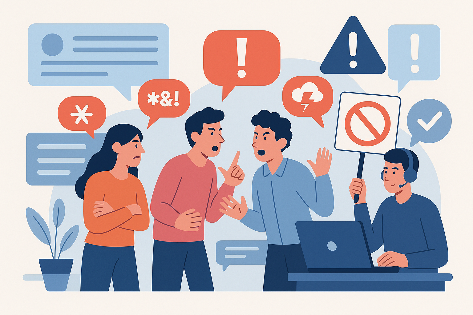 Ilustración digital estilo plano que representa la moderación y resolución de conflictos en comunidades literarias en línea, con figuras humanas interactuando respetuosamente frente a computadoras y dispositivos.